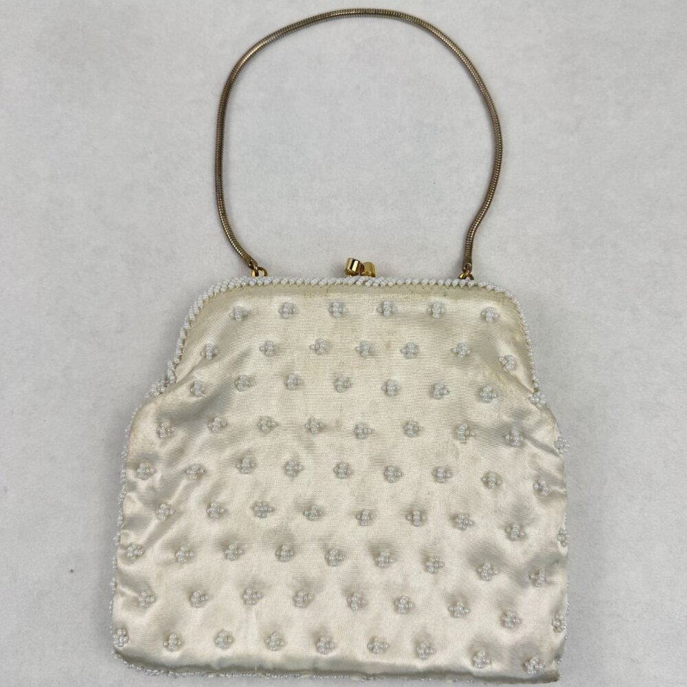 Vintage Womens White Beaded Geometric Floral Evening Bag Small Clutch Purse HK - Picture 2 of 12